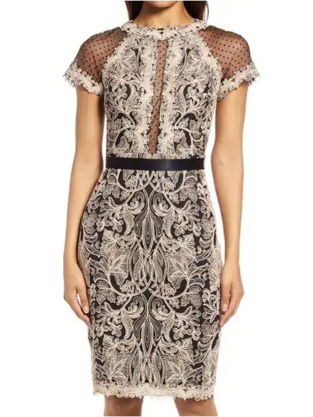 Tadashi Shoji Black Midi Dress with Cream lace Embroidery